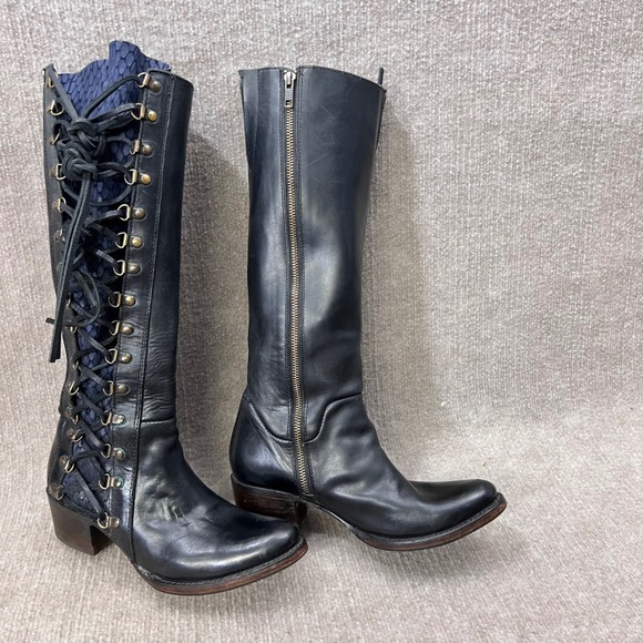 Freebird by Steven Wyatt Black Leather Tall Snake Texture Black Blue Boots 8  L - Picture 5 of 16